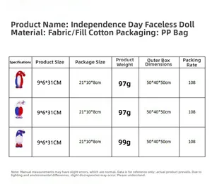 Size guide for Independence Day faceless gnomes with dimensions and material specs