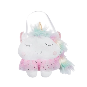 Panier cadeau licorne en peluche avec crinière arc-en-ciel, jupe à paillettes et corne dorée
