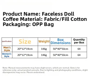Tabla de tallas detallada de gnomos de café con materiales y especificaciones de peso
