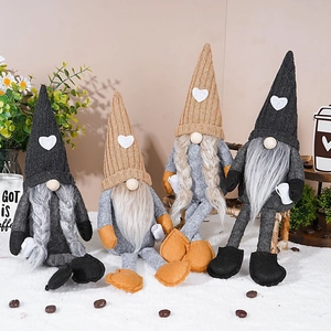 Set of four plush gnomes with coffee theme and heart knit hats for home decor