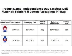 Size chart showing 17cm Independence Day gnomes with American flag patterns and dimensions