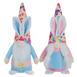 Pair of Easter plush gnomes with bunny ears and floral hats for holiday home decoration