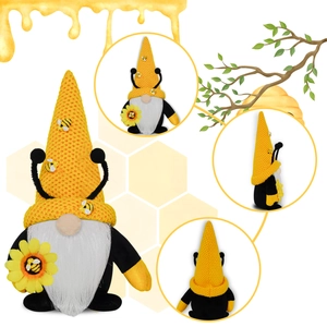 Bee festival gnome with yellow knitted hat, white beard, and sunflower decoration