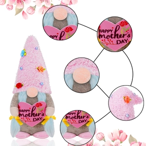 Detail of Mother's Day gnome featuring pink plush hat with flowers and happy heart