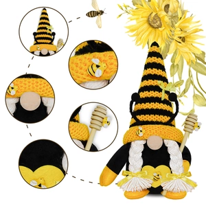 Detailed macro view showing knitted textures and wooden honey dipper of the bee gnome