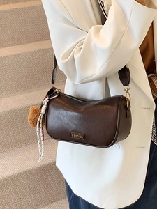 Women Fashion Boston Crossbody Bag PU Leather Pillow Shape Metal Plate With Bear Charm Wide Strap Shoulder Bag Daily Travel Satchel