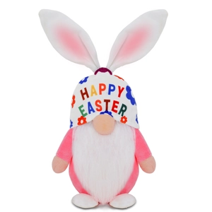 Pink Easter gnome plush with white rabbit ears and Happy Easter text on hat