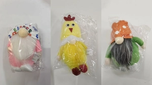 Detailed view of plush Easter gnomes set in protective bags for home decor gift