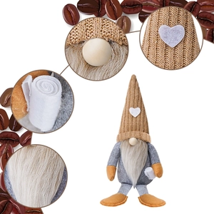 Detail of coffee-themed gnome with heart appliqué and knit fabric texture decoration