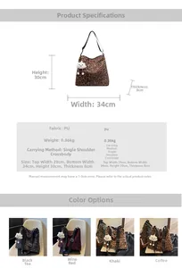 Detaillierte Maßtabelle und Materialdaten für die Leopard-PU-Tasche mit Anhänger