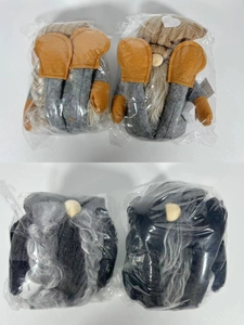 Detailed view of 4-pack plush coffee gnomes in retail packaging for window decor