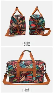 Detailed views showing side and back of the floral travel bag with bottom shoe compartment
