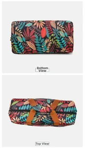 Top and bottom views of a large travel bag featuring colorful maple leaf print patterns