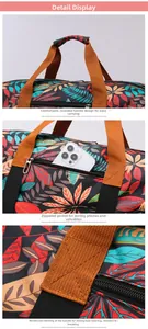 Detail of tropical leaf print travel bag with reinforced handles and side zipper pocket