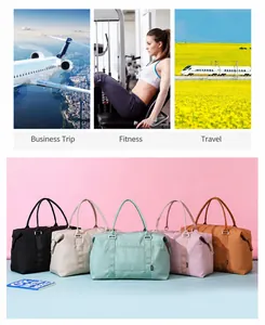 Close-up of waterproof travel bag in various pastel colors with durable woven handles