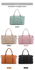 Detail showing various colors of large travel tote bags in green beige pink brown and black