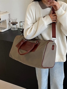 Large Capacity Oxford Cloth Women Travel Bag Retro Color Block Duffle Bag Splicing Leather Handle Shoulder Strap Weekend Gym Bag