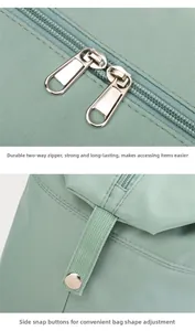 Detail view of mint green travel bag with dual metal zippers and side buckle strap