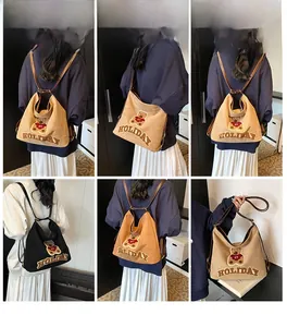 Canvas backpack and crossbody bag with 3D teddy bear patch and leather straps