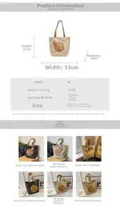 Detailed size chart showing dimensions for a large canvas tote bag in three colors