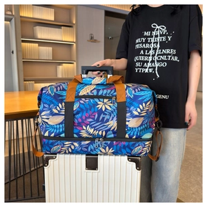 Détail du sac de voyage à motif de feuilles sur valise avec compartiment à chaussures