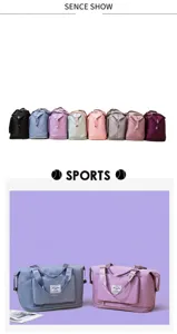 Detail showing high-capacity waterproof travel bags in eight vibrant colors for gym and trips