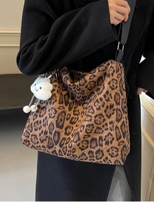 Vintage Leopardenmuster Tote Bag Damen Große Kapazität Schulter Umhängetasche Mit Wolke Plüsch Anhänger Mode PU Hobo Tasche Pendeln