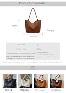 Detailed chart showing large PU leather tote bag dimensions and four available color options