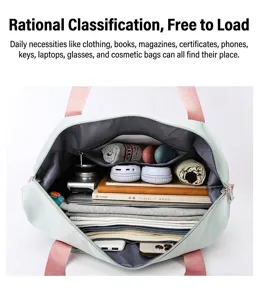 Detailed top view of mint green travel bag interior showing organized large capacity storage