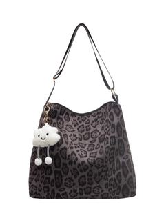 Retro Handtasche mit grauem Leopardenmuster, Schultergurt und Wolken-Anhänger