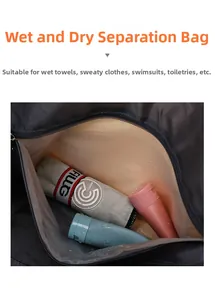 Detail view of dry-wet separation pocket with waterproof lining and zipper for gym bags