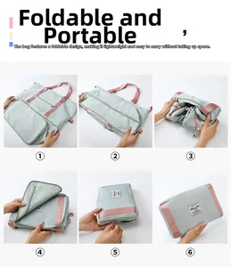 Guide en six étapes montrant comment plier le grand sac de voyage en une pochette