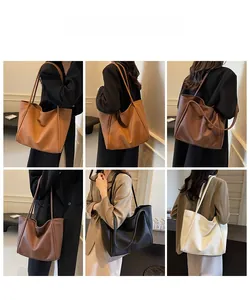 Collage of large vintage tote bags in earthy tones showing crossbody and shoulder wear