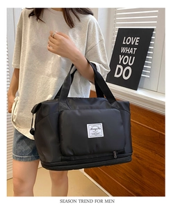 Detail of waterproof nylon travel bag with convenient front pocket and brand label