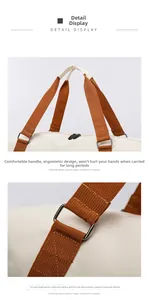 Macro detail of ergonomic brown handles and reinforced stitching on the beige yoga travel bag