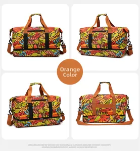 Detail view showing orange tropical leaf travel bag from multiple angles with large capacity