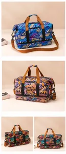 Detail view of double-layer travel bag with maple leaf print and separate wet-dry compartment