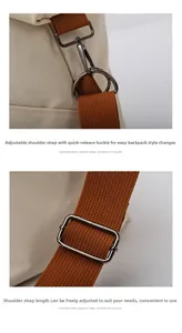Detail of adjustable brown nylon strap with dark grey metal buckle on canvas bag