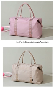Detail of pink and beige waterproof nylon travel bags with durable handles and side logos
