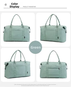 Detailed views of mint green waterproof travel bag with reinforced straps and zippers