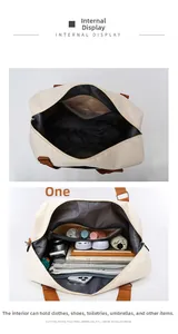 Detail view of large capacity travel bag interior showing multiple storage compartments