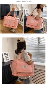Detailed views of a pink high-capacity travel bag with waterproof nylon and bottom shoe compartment