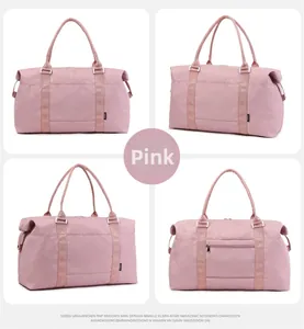 Pink waterproof travel bag showing front, back, and side views in a collage layout
