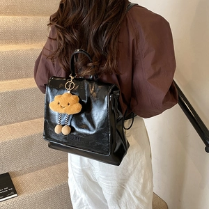 Vintage Shiny PU Leather Women Backpack With Cloud Plush Pendant High Gloss College Style Retro Small School Bag For Girls
