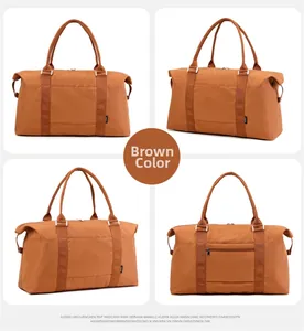 Detailed four-way view of brown large capacity travel bag with reinforced handles