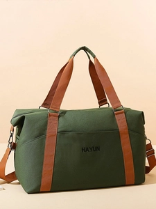 Large olive green canvas travel bag with brown straps and HAYUN logo embroidery