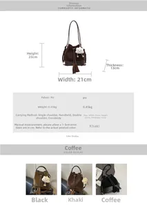 Detailed view of matte bucket bag dimensions, material specs, and plush charm detail