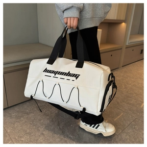 White large capacity fitness bag with wet dry separation and black elastic rope detail