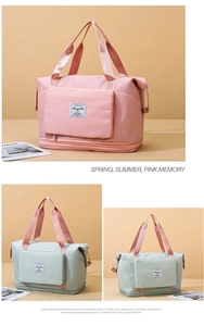 Detail of pink and blue travel bags featuring expandable bottom and reinforced handles