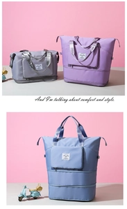 Close-up of three waterproof nylon travel bags in gray, purple, and blue with expandable layer